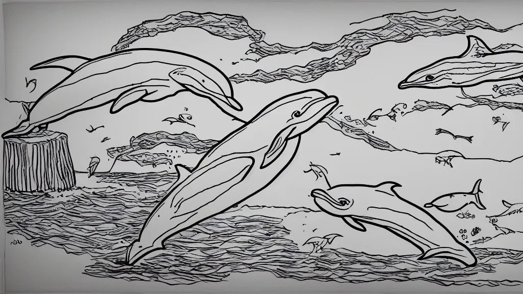 Prompt: line drawing unprofessional dolphin diorama