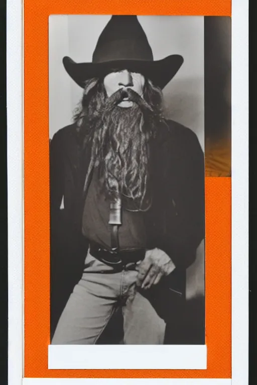 Image similar to polaroid photograph of cowboy sherrif resembling yosemite sam with huge hat, huge mustache, orange colors