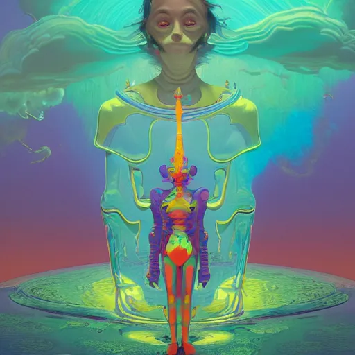 Image similar to colourful breathtakingly weird beautiful powerful magical wonderfully majestic beautifully cool character by michael whelan and moebius and beeple and kilian eng and dan mcpharlin and pascal blanche and jamie hewlett and richard dadd, symmetrical, magical stormy reflections, smoke on water, 8 k artstation