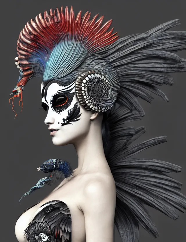 Image similar to 3 d goddess close - up profile simple portrait punk with mohawk with ram skull. beautiful intricately detailed japanese crow kitsune mask and clasical japanese kimono. betta fish, jellyfish phoenix, bio luminescent, plasma, ice, water, wind, creature, artwork by tooth wu and wlop and beeple and greg rutkowski