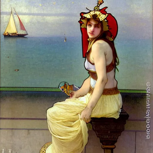 Image similar to A girl with jester hat and clothes on a greek archi circle on the front of a Balustrade with a beach and a sail boat on the background, major arcana cards, by alphonse mucha and arnold böcklin arnold böcklin arnold böcklin, paul delaroche, hyperrealistic 8k, very detailed