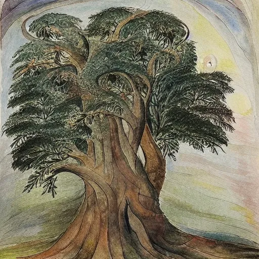 Prompt: a beautifully detailed romantic painting of a tree. A Masterpiece in the style of William Blake.