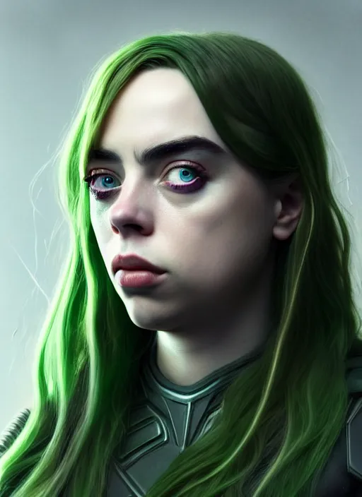 Image similar to Billie Eilish as Female Loki, beautiful facial symmetry, olive skin color, hyper realistic, hyper detail, very detailed, digital art, trending on artstation, smooth render, 8k octane render, digital illustration, by Katsuhiro Otomo and Shigeru Miyamoto