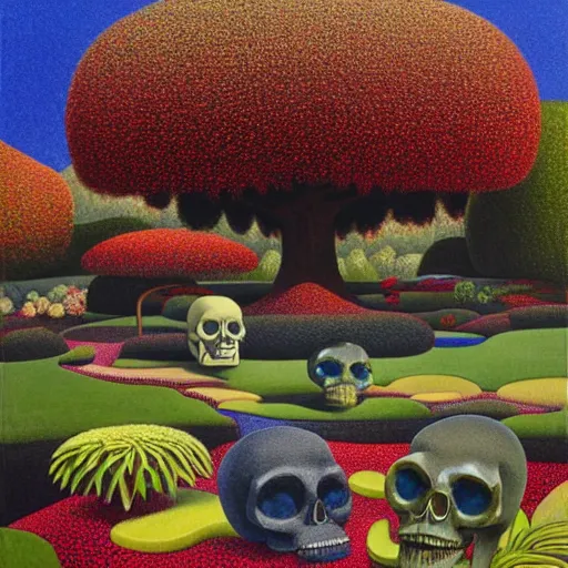 Image similar to complex and beautiful japanese garden full of flowers by michael kidd, oil on canvas, apple giant translucent transparent skull, james jean, splashes, magritte painting, intricate, highest details, 8 k, pushead, pointillism