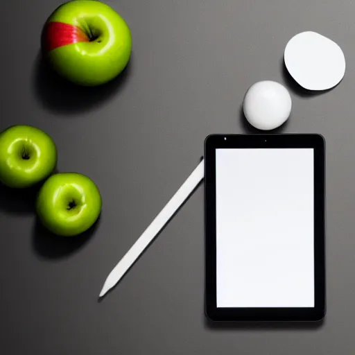 Prompt: a tablet in the shape of an apple with white accents designed by apple