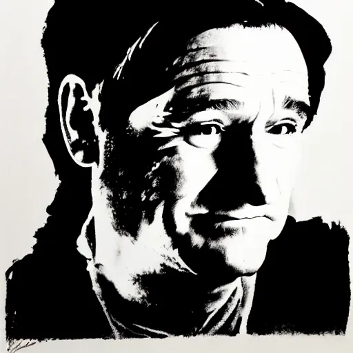 Image similar to silkscreen and lithography to create robin williams in the style of andy warhol