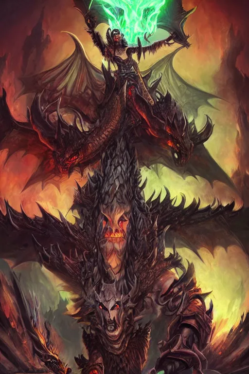 Image similar to epic professional portrait of a dark queen summoning hell dragons on a mountain, world of warcraft style, dark fantasy, graphic novel layout by samwise didier, dungeons and dragons