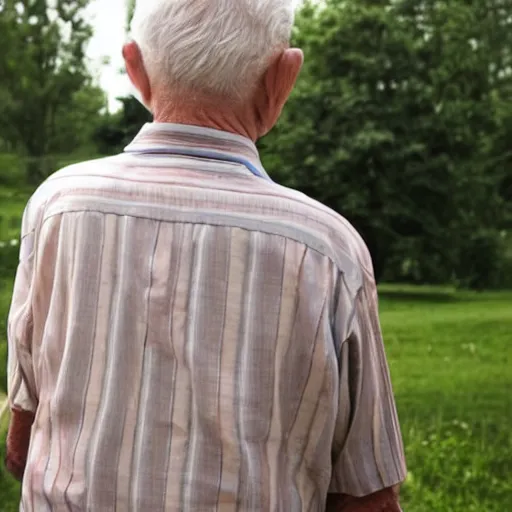 Prompt: a smiling old man seen from behind