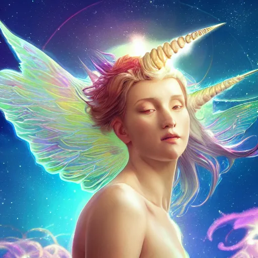 Prompt: an iridescent unicorn with translucent wings frolicking in a field of marijuana, a nebula is in the sky, art by artgerm and greg rutkowski and alphonse mucha, concept art, octane render, unreal engine 5, highly detailed, high quality, 8 k, soft lighting, path traced