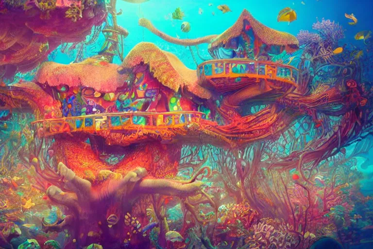 Prompt: an elaborate whimsical treehouse built under the sea, surrounded by colorful coral and dolphins, hyperdetailed, artstation, concept art, 4k
