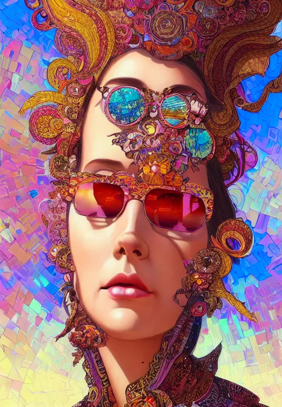 Prompt: close up of a beautiful woman wearing a kaleidoscopic psychedelic dress and sunglasses, fantasy, intricate, elegant, highly detailed, digital painting, artstation, concept art, smooth, 8 k, sharp focus, illustration, art by artgerm and greg rutkowski and alphonse mucha