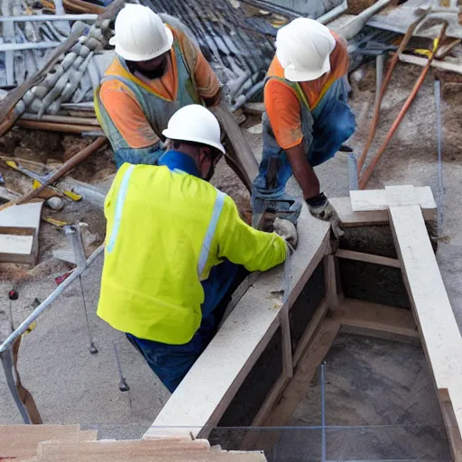 Prompt: construction workers working on a square portal photo