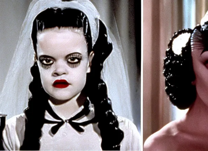 Image similar to bride of frankenstein ( 1 9 3 5 ) as child wednesday addams, still from the addams family ( 1 9 9 1 )