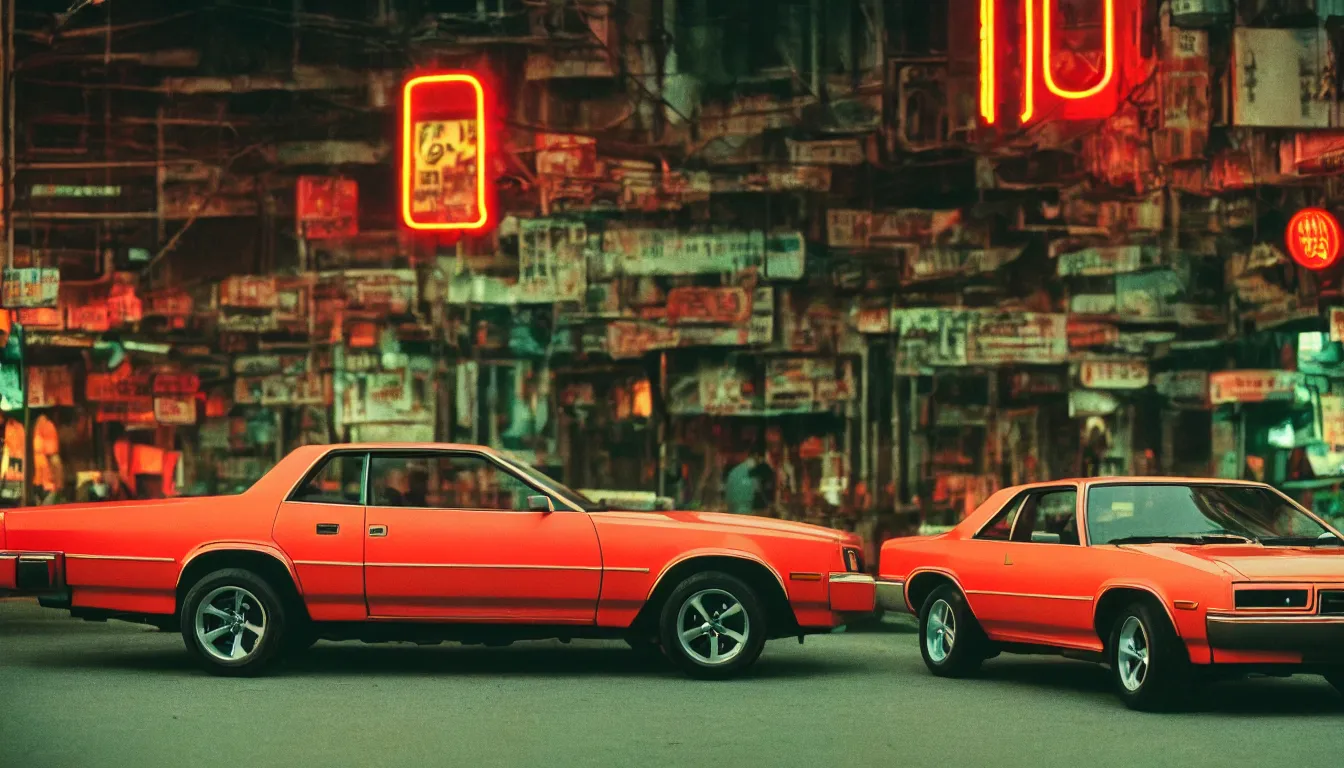 Prompt: 8 0 s asian neon movie still, portrait of a vintage muscle car, medium format color photography, blurred background, movie directed by kar - wai wong, hyperrealistic, photorealistic, high definition, highly detailed, tehnicolor, anamorphic 5 0 mm lens