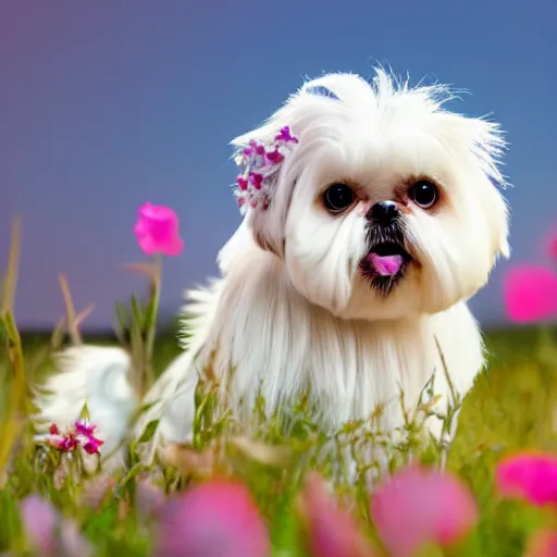 Prompt: white shih tzu in a field full of flowers, photo realistic, with a sunset