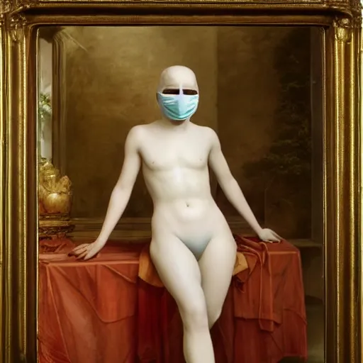 Image similar to an all white human, with no facial features, like a white skin tight mask pulled over their face merges into their body, full body laying in a blood red pool of water between a golden mirror frame, outside is space and inside the mirror frame is a beautiful landscape., physically accurate, dynamic lighting, intricate, elegant, highly detailed, very very Roberto Ferri, sharp focus, illustration, art