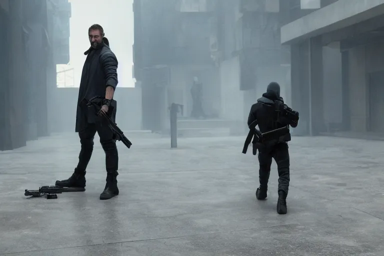 Image similar to blade runner 2049 movie still elegant bank fancy white marble flooring. robbery in progress. cyberpunk man carrying duffle bag holding shotgun. 2017 movie still 35mm wide angle lens