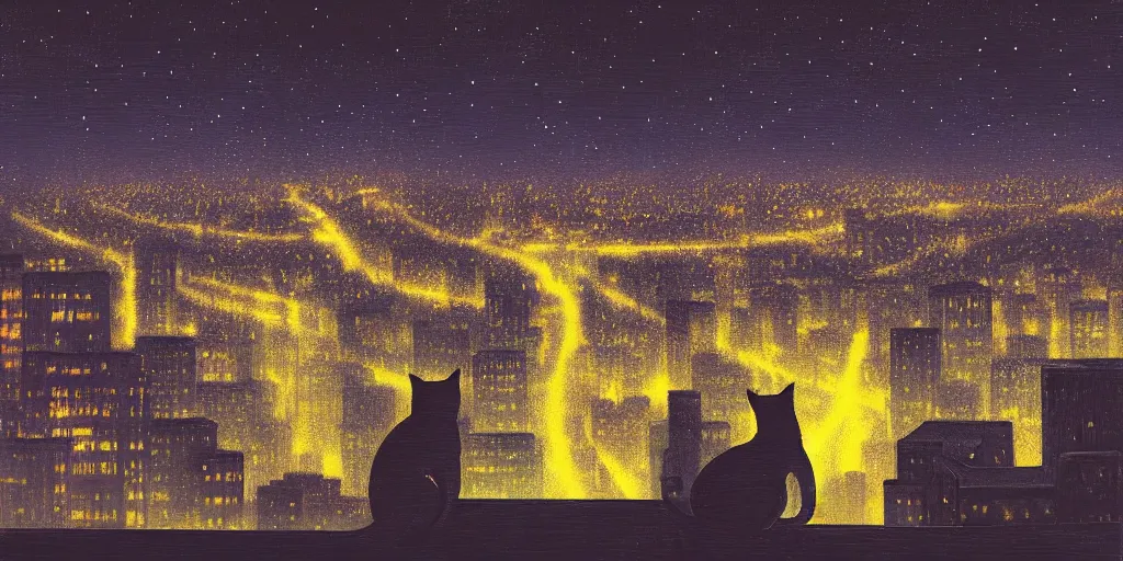 Prompt: A cat overlooking a city at night by Alena Aenami