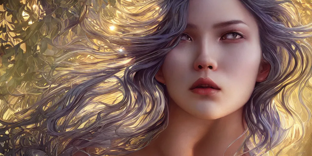 Image similar to wide angle panther, metallic silver and ice color reflected crystal hair, leaping from babaob tree, fantasy, intricate, very beautiful, elegant, golden light, highly detailed, digital painting, artstation, concept art, smooth, sharp focus, illustration, art by wlop and tian zi and alphonse mucha