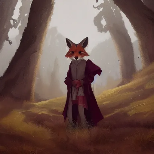 Prompt: an anthropomorphic fox in a robe overlooking a village in the moor, dramatic lighting, overcast weather, highlands, anthro fox in a robe, realistic furry, sharp focus, 8 k, artstation, artstation hq, greg rutkowski, gregory manchess