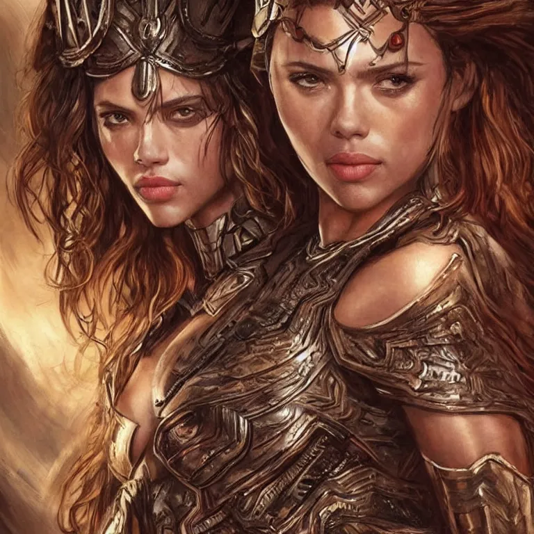 Image similar to scarlett johannson as an amazon warrior, a tall beautiful woman with brown skin and long hair, dressed in hellenistic body armor, intricate, elegant, highly detailed, smooth, sharp focus, detailed face, art by ardian syaf