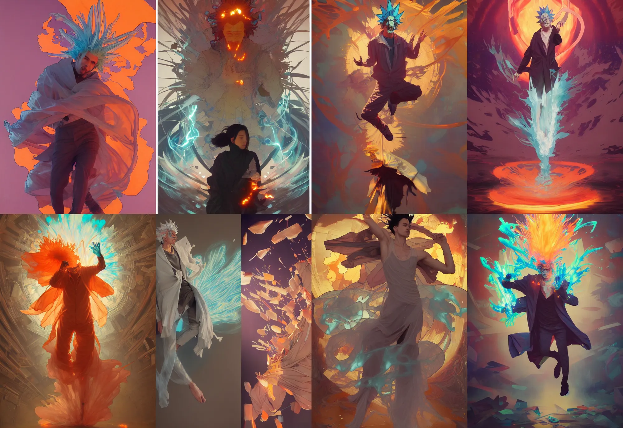 Prompt: rick sanchez, orange spike aura in motion, damaged japanese clothes, floating pieces, painted by art by tsuyoshi nagano, greg rutkowski, artgerm, alphonse mucha, spike painting