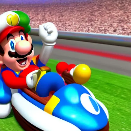 Prompt: Gameplay screenshot of Lionel Messi as toad in Mario Kart, Mushroom hat, Nintendo, Red Bull