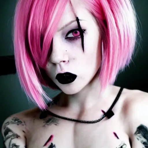 Prompt: pink haired girl, short hair, sexy pose, horror, dark, lucrative