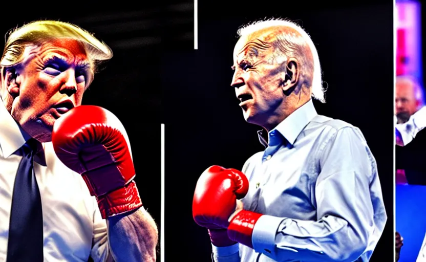 Image similar to boxing match between donald trump vs joe biden, stage lighting, award winning photo