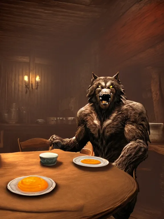 Image similar to cute!!! handsome cuddly burly surly relaxed calm timid werewolf from van helsing sitting down at the breakfast table in the kitchen of a normal country home cooking having fun lighthearted whimsy baking strawberry tart cakes unreal engine hyperreallistic render 8k character concept art masterpiece screenshot from the video game the Elder Scrolls V: Skyrim