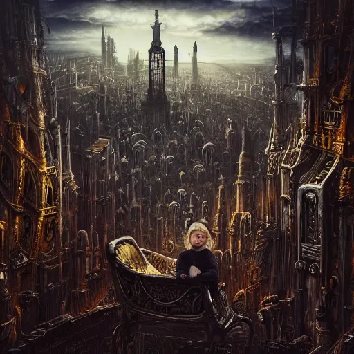 Prompt: a photo of young sad victorian gothic child with big eyes and wide grin sitting on a sofa of bones surrounded by a cyber futuristic cityscape made of human body parts by dan mumford, ultra detailed, 8 k resolution, beautiful lighting, expansive detailed layered city, landscape, 5 0 mm, perfect faces