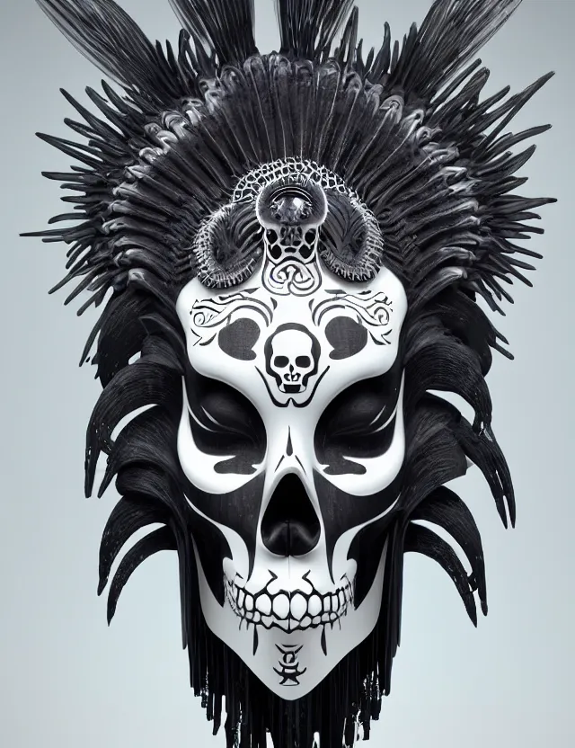 Image similar to 3 d goddess close - up profile simple portrait punk skull with mohawk with ram skull. beautiful intricately detailed japanese crow kitsune mask and clasical japanese kimono. betta fish, jellyfish phoenix, bio luminescent, plasma, ice, water, wind, creature, artwork by tooth wu and wlop and beeple and greg rutkowski