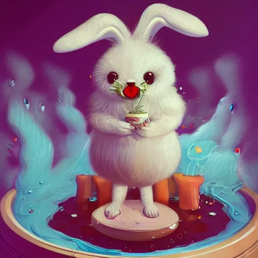 Prompt: a cute fluffy girl rabbit standing in a pool of water, holding a tepcatl, slicing the air. pop surrealism, contemporary art illustration, character concept art,, intricate highly detailed 8 k, artstation, art genevieve gauckler, loomis, surreal portrait photography, gary baseman, sharp focus, juxtapoz magazine illustration aesthetic