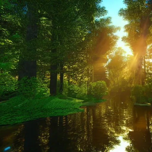 Image similar to river in a forest, golden hour, ray tracing reflection, 8k, hyper realistic, insainly detailed, hdr, octan render