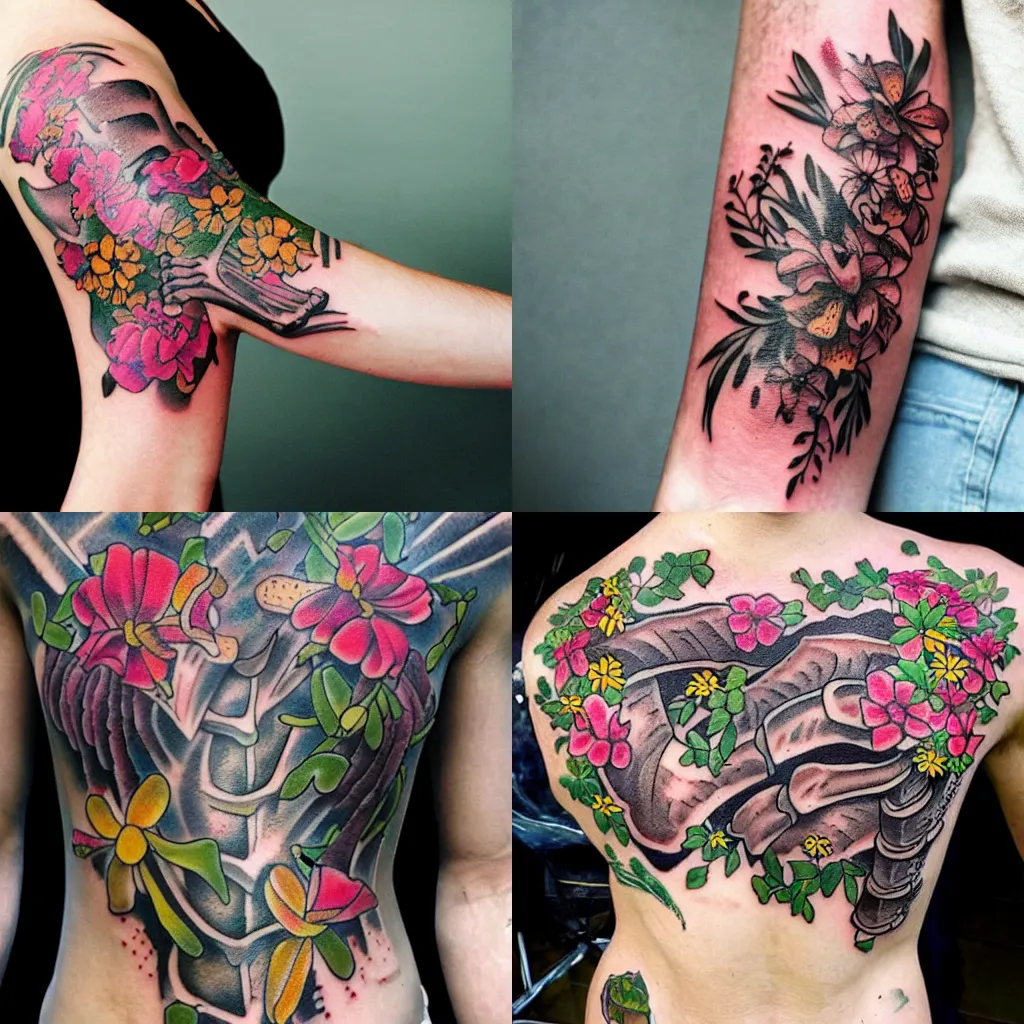Prompt: a tattoo of ribs covered in flowers and plants