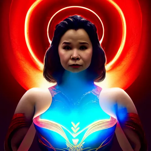 Image similar to lea salonga as darna, wax figure, glowing eyes, volumetric lights, red and cyan theme, art nouveau botanicals, intricate, highly detailed, digital painting, artstation, concept art, smooth, sharp focus, cinematic, illustration, beautiful face, art by artgerm and greg rutkowski and alphonse mucha