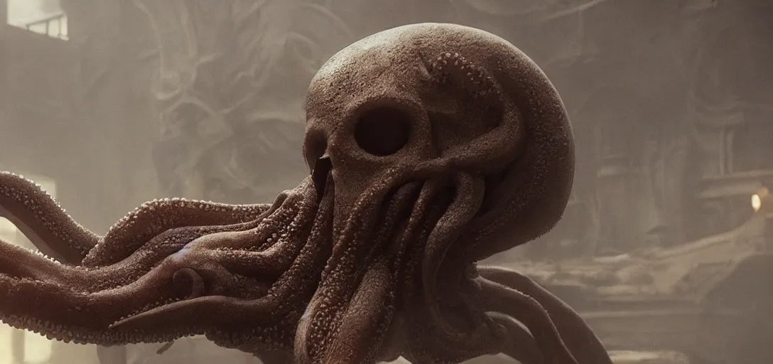 Prompt: an octopus in the shape of a skull, [ [ [ foggy ] ] ], cinematic shot, photo still from movie by denis villeneuve, wayne barlowe