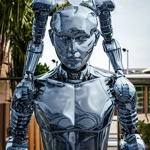 Image similar to made of ice, a realistic detailed photo of a guy who is an attractive humanoid who is half robot and half humanoid, who is a male android, on display, blank stare, showing off his muscles, shiny skin, posing like a statue, by the pool, frozen ice statue, twitch streamer / gamer ludwig, humanoid robot