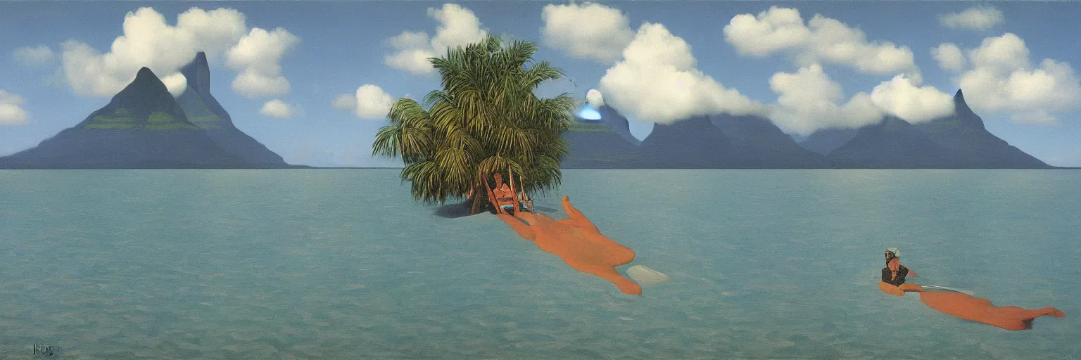 Prompt: tahiti oil painting magritte