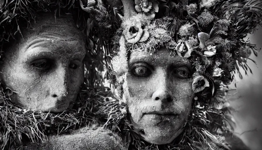 Image similar to portrait of a tyrolean folklore mask, dolomite, forest, wearing hay coat, with horns, eerie, flowers growing out of his body, detailed intricate insanely detailed octane render, 8k artistic 1920s photography, black and white, grainy, photorealistic, chiaroscuro, by David Cronenberg, Raphael, Caravaggio