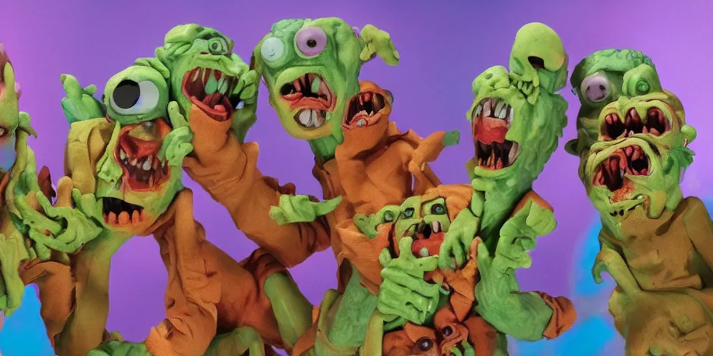 Image similar to giant scary claymation monsters eating eachother and merging into eyeballs and rainbows