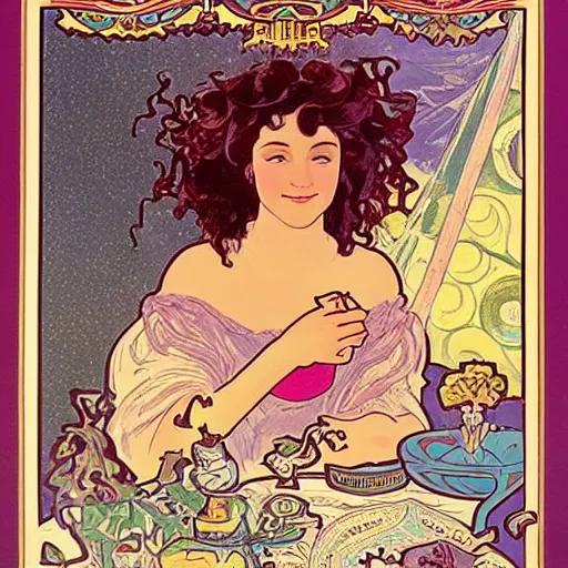 Image similar to vintage poster of Caucasian fortune teller lady with curly hair, a spread of tarot cards on a table, cats on her side, in a colorful tent, Alphonse Mucha,