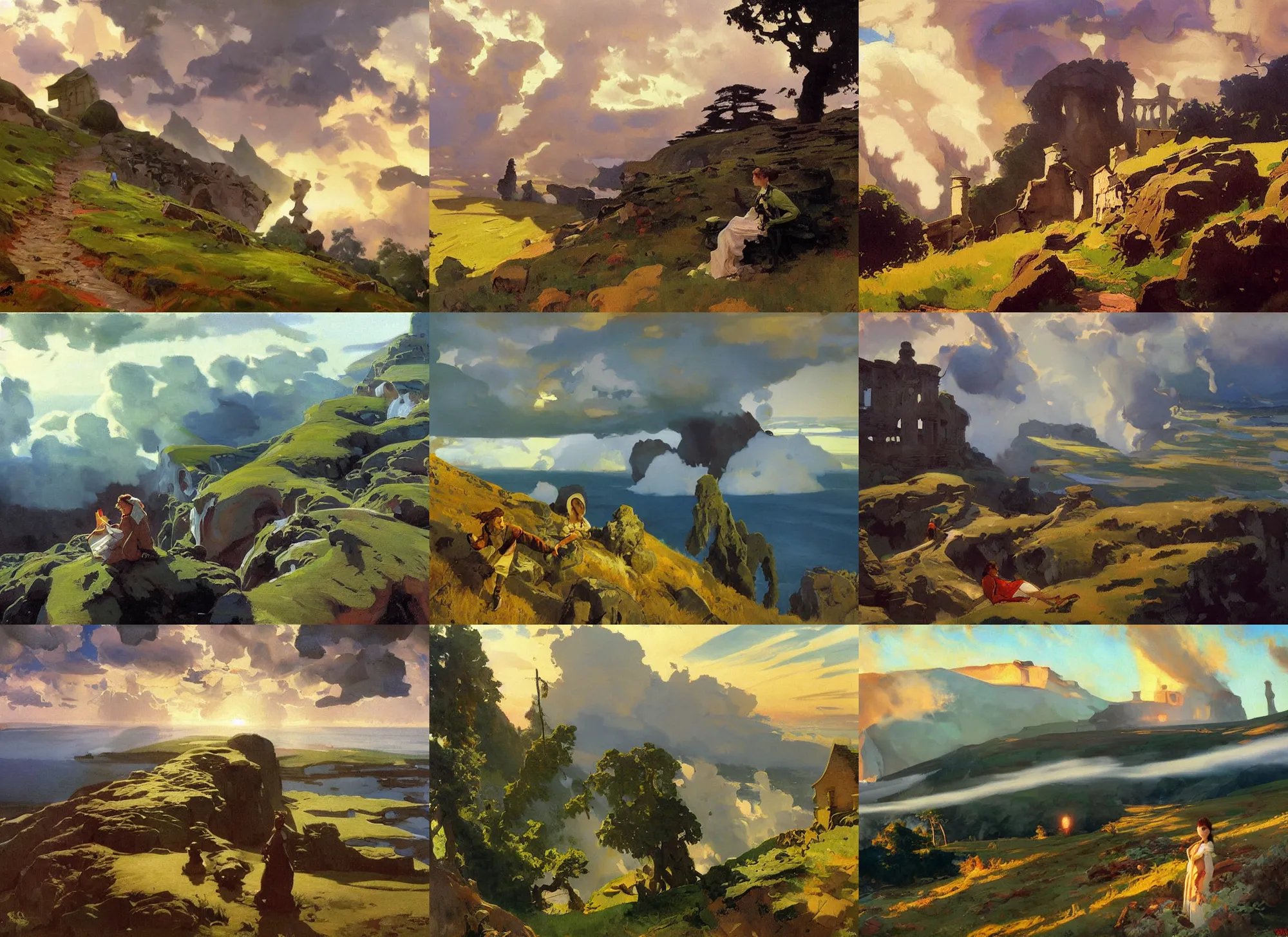 Prompt: painting by sargent and leyendecker and greg hildebrandt savrasov levitan polenov, studio ghibly style mononoke, huge old ruins, middle earth above the layered low clouds road between forests trees sunrise sunset sea bay view faroe azores overcast storm masterpiece