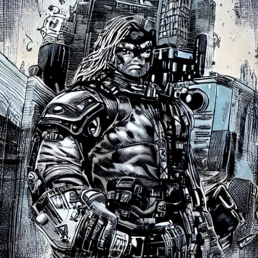 Prompt: sci - fi, dystopian bounty hunter, art by jim lee