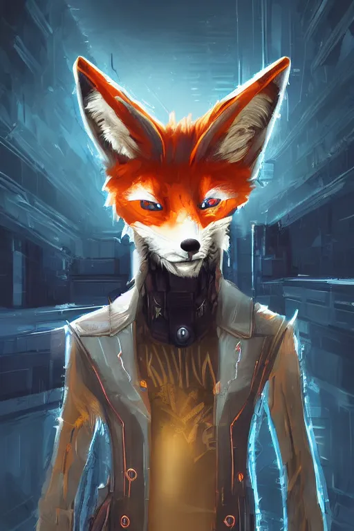 Image similar to an anthropomorphic cyberpunk fox, backlighting, trending on artstation, digital art, furry art, trending on furaffinity, fantasy art, by kawacy