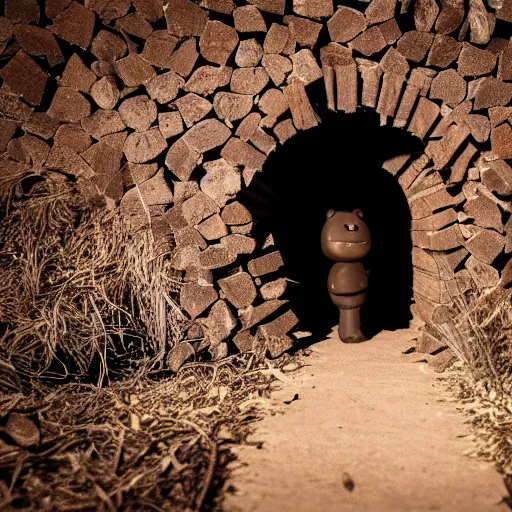 Image similar to dark photograph of a small bear mascot walking through a large wooden doorway