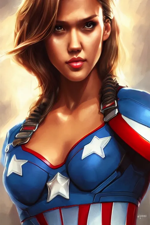 Image similar to jessica alba as captain america by artgerm, ross tran, wlop, masterpiece portrait