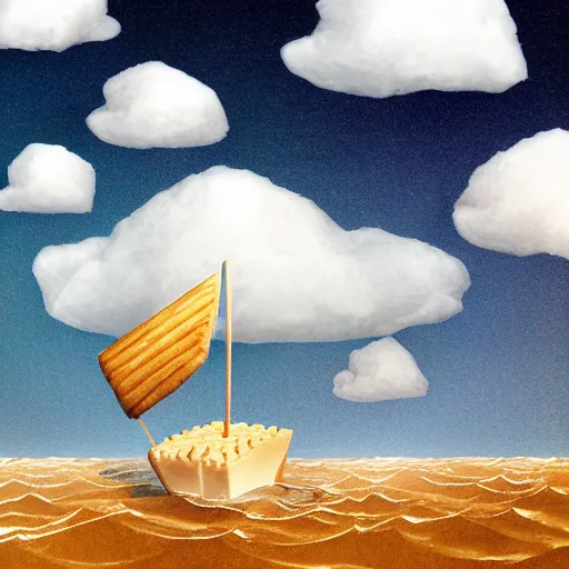 Image similar to graham cracker sailboat floats in a sea of hot chocolate, marshmallow cloud in sky above, abstract environment, award winning art, epic dreamlike fantasy landscape, ultra realistic,