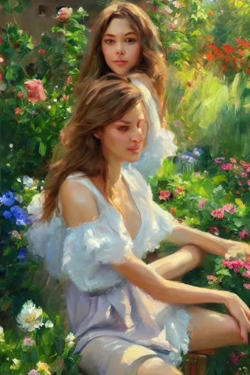 Prompt: portrait of a beautiful woman in the garden, morning, highly detailed, ultrarealistic oil painting, vladimir volegov, artstation