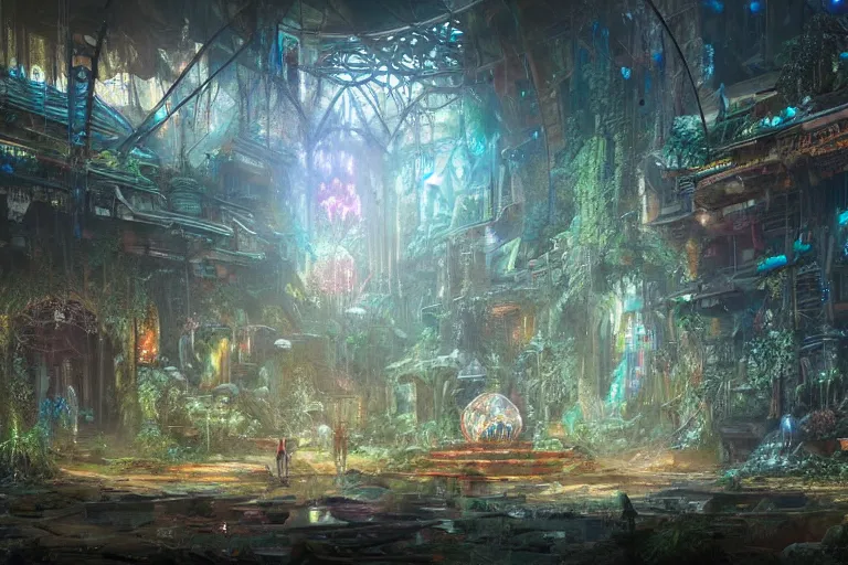 Image similar to a triangular portal structure built out of scrap and crystals in an overgrown temple, bright cyberpunk glow, epic surrealism, Detailed digital matte painting in the style of raymond swanland and Chie Yoshii artstation
